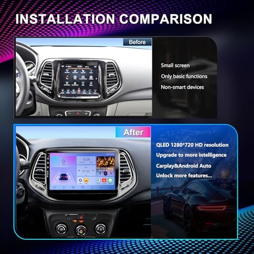 Before and after: factory Jeep Compass screen vs 10-inch Android radio in the dash